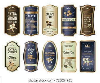 Stickers for olive oil bottles. Sticky labels for cooking pack. Organic plant sign for vegetarian food. Branch of olive oils for fruit banner with crown. Garden grove and harvest, agriculture theme