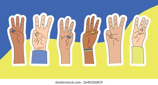 Stickers on a blue and yellow background, National symbol of the trident, coat of arms of Ukraine, 3 fingers, hands