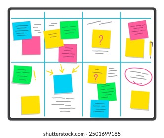 Stickers on board. Sticky notes. Realistic reminders on adhesive tapes. Writing memos on sheet of paper. Vector colorful illustration of notepaper pages