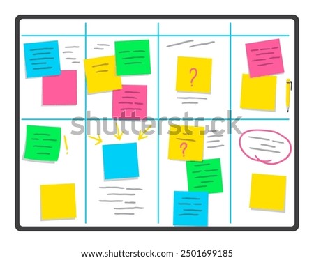 Stickers on board. Sticky notes. Realistic reminders on adhesive tapes. Writing memos on sheet of paper. Vector colorful illustration of notepaper pages