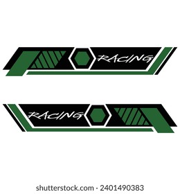 Stickers on both sides of car doors, decoration for racing cars and sports cars. Blue and black decals and "Racing" text. Modern, youthful style decals.