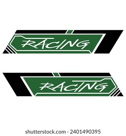 Stickers on both sides of car doors, decoration for racing cars and sports cars. Blue and black decals and "Racing" text. Modern, youthful style decals.