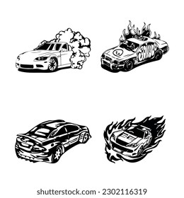 stickers on cars, sports racing cars in smoke and fire. Vector black and white drawing of EPS 10