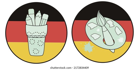 Stickers on the German flag. Glass, pencils, palette