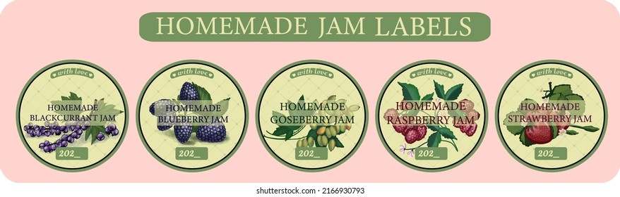 STICKERS ON JARS WITH HOMEMADE JAM. BERRY JAM. Confiture. Strawberries, Blueberries And Currants. Gooseberries And Raspberries. Canning Labels. Vintage Kitchen Stickers.