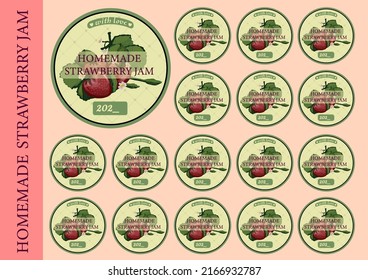 STICKERS ON JARS WITH HOMEMADE JAM. BERRY JAM.Strawberry.Labels for canning. Vintage kitchen sticker.