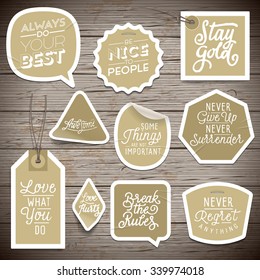 Stickers on rustic wood background. Vector illustration.