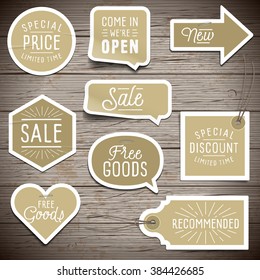 Stickers on rustic wood background for retail. Vector illustration.