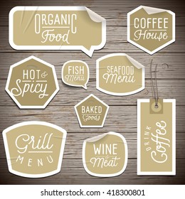 Stickers on rustic wood background for cafe and restaurant. Vector illustration.