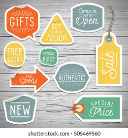 Stickers on rustic wood background for retail. Vector illustration.