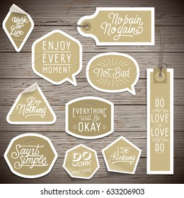 Stickers on rustic wood background. Vector illustration.