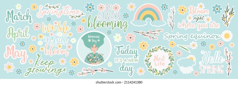 Stickers on a spring theme in pastel colors, lettering about spring, symbols of spring, flowers, blooming tree branches, women's day, flowering