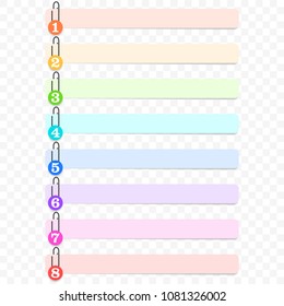 Stickers on staples with numbering in a circle from 1 to 8. Volumetric illustration. Vector on a transparent background.