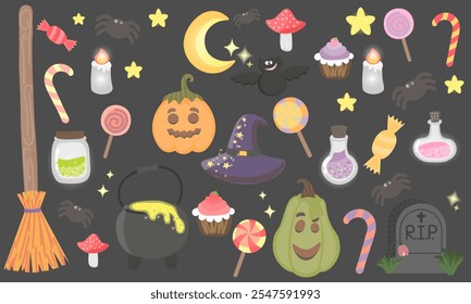 Pegatinas sobre el tema de Halloween que brillan en el estilo de dibujos animados para la decoración y un buen sentimiento, celebrando Halloween