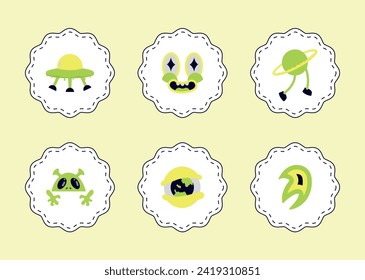 Stickers on the theme of space: UFO, planet, Saturn, reliability, earth. Set of decorative elements. EPS10