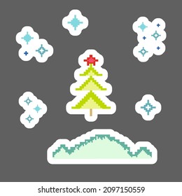 Stickers on the theme of winter: tree, snowflakes, snowdrifts. pixel art Illustration for print design