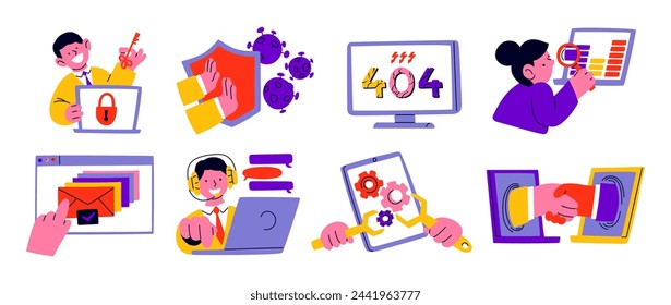 Stickers online office workers at computers. Page interface, technology, error 404, operating system, equipment setup, websites, cybersecurity, . Vector cartoon mascots in retro style.