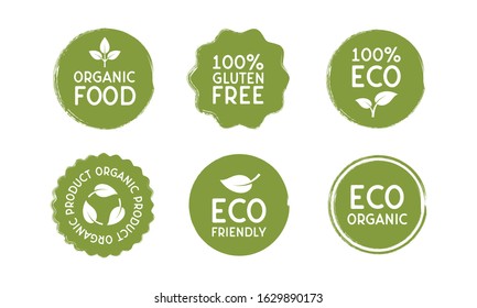 Stickers for Organic and Eco friendly products in minimal vintage design. Vector Eco badges in circle shape with leaves icons isolated on white background.