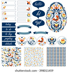 Stickers for organized planner. Cute spot graphics and doodle flower and bird patterns. Template for planner, scrapbooking, wrapping, wedding invitation, notebooks, diary.