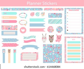 Stickers for organized your organizer with cute bear, hare, fox and flowers In simple kids cartoon style. Weekly Planner pages.