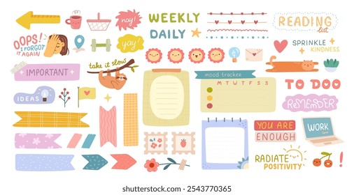 Stickers for organizer, planner or scrapbook. Vector in flat style, isolated set of labels, bookmarks and praising phrases for motivation and daily reminders. Stamps and cards for cute pages