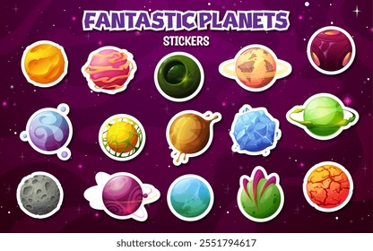 Paquete de pegatinas de planetas de galaxias espaciales alienígenas sobre fondo de Vector de cielo estrellado. Planetas del espacio exterior de dibujos animados y estrellas de la galaxia del universo de fantasía con anillos de órbita de colores brillantes, hielo, lava y cráteres