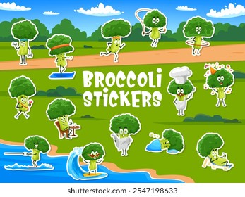 Stickers pack of broccoli vegetable characters on fitness sport activities. Vector patches with funny yet healthy veggies exercising, surfing, cooking or relaxing at green outdoor summer field setting