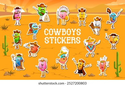 Stickers pack of cartoon cowboy, bandit and sheriff vitamin micronutrient characters in a desert landscape. Vector cartoon Wild West supplements B1, B3 and B6. B12, C, D or E, H and K, P or N