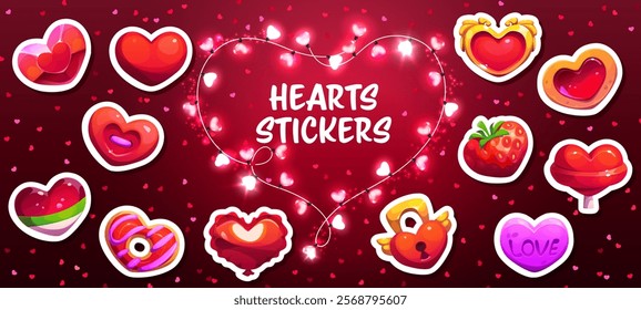 Stickers pack of cartoon game hearts. Ruby gemstone, golden jewelry, button and candy dessert, sweet donut, balloon, lock and strawberry hearts, Saint Valentine holiday cartoon vector stickers set