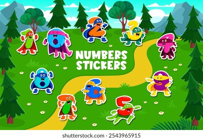 Stickers pack of cartoon math number characters. Cartoon Fun and colorful numeral personages dressed as superheroes in fantasy forest landscape, offering a playful way to learn numbers for children