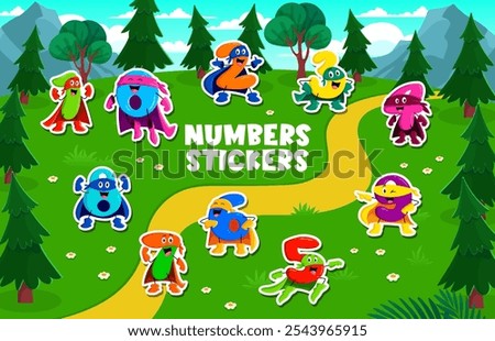 Stickers pack of cartoon math number characters. Cartoon Fun and colorful numeral personages dressed as superheroes in fantasy forest landscape, offering a playful way to learn numbers for children