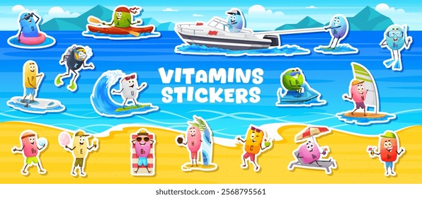 Stickers pack of cartoon micronutrient and vitamin characters on summer vacation by the beach engaging in outdoor activities like surfing, boating, kayaking, swimming, sunbathing, with relaxation fun