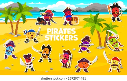 Stickers pack of cartoon micronutrient and vitamins pirate characters, vector personages. Funny nutrition microelements or food supplement vitamins as pirate sailors and Caribbean corsairs on island