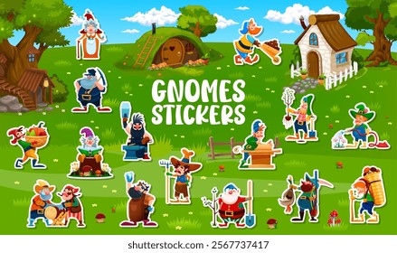 Stickers pack of cartoon senior gnomes and dwarf characters. Gardener, carpenter, hunter dwarf and miner, blacksmith, farmer gnomes working on fairy village meadow funny vector personages stickers set