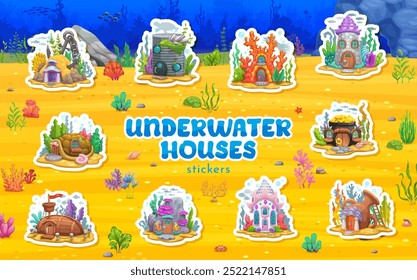 Stickers pack of cartoon underwater fairytale house buildings. Vector patches with whimsical, magical, fantasy mermaid dwellings. Coral, tin can, seashell, turtle shell, boat and old jug on sea bottom