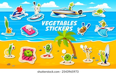 Paquete de pegatinas de personajes de dibujos animados vegetales en vacaciones de verano disfrutando de actividades al aire libre en la playa. Veganos de Vector que practican deportes acuáticos como surf, paddleboard, esquí acuático y snorkel