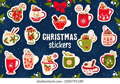 Stickers pack of Christmas chocolate and eggnog drinks cups, vector Xmas holidays. Cartoon mugs of Christmas egg milk punch eggnog, hot chocolate and coffee beverages with candy, marshmallow and cream