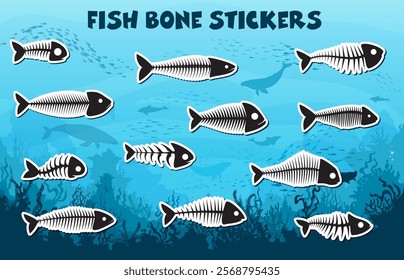 Stickers pack of fish bone skeleton silhouettes and sea underwater nature landscape vector background. Salmon, herring and bass fish skeletons with silhouettes of spine, rib, fin, tail and skull bones