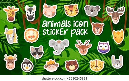 Adesivos de personagens engraçados de desenhos animados de animais em um fundo de selva exuberante. Girafa bonita, zebra, porco, tigre e coala. Veado, unicórnio, leão e elefante, guaxinim, coruja ou bisão, pinguim, macaco, urso