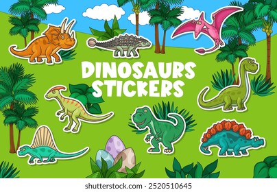 Stickers pack of funny cartoon dinosaur characters in natural landscape. Cartoon vector patches for kids with funny dino animal species amid lush greenery, evoking fun, imagination and creativity