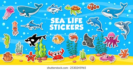 Stickers pack of funny cartoon underwater animals. Whale, turtle and octopus, dolphin, shark, fish, jellyfish or seahorse. Starfish, crab, squid, pufferfish, stingray, clownfish patches for kid crafts