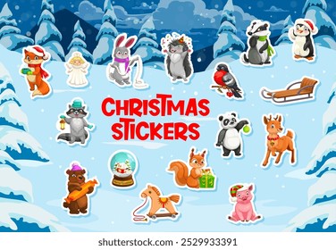 Stickers pack of funny Christmas animals dressed for the holiday season with festive gifts and items. Cartoon vector cute fox, reindeer, penguin and bear, squirrel or panda at snowy forest landscape