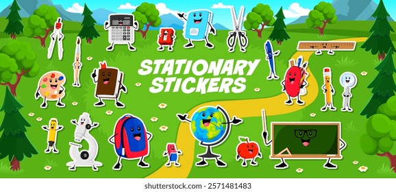 Stickers pack of funny education stationery characters on meadow landscape, vector set. School education stationery and student supplies characters of chalkboard with book, ruler and calculator