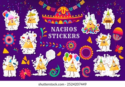 Stickers pack of funny Mexican nachos chips characters in festive and playful poses. Colorful vector patches with cartoon tex mex food personages celebrate party with balloons, cake and confetti