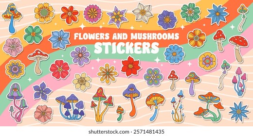 Stickers pack of groovy flowers and mushrooms. Vintage hippie abstract flowers, psychedelic mushrooms cartoon vector adhesive stickers. Groovy magic plants, colorful fungus and chamomile flowers