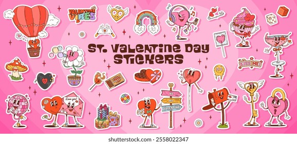 Stickers pack of groovy valentine characters and symbols. Cartoon hot air balloon, mushroom, heart, daisy flower and rainbow. Lollipop, chocolate candy, disco ball, letter, cupcake, cocktail and dice