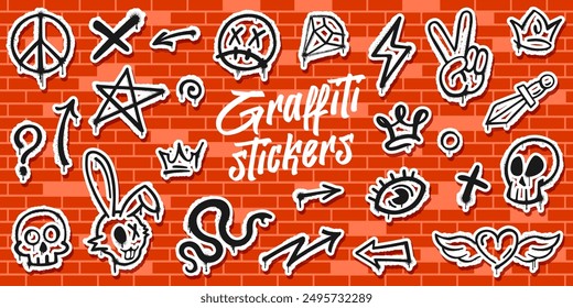 Stickers pack of grunge graffiti spray paints on brick wall background. Peace symbol, skull and crown, X or question marks, arrows, sad face with crossed-out eyes, diamond, lightning bolt and dagger