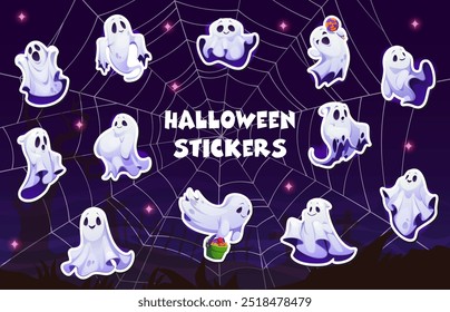 Adesivos pacote de Halloween feriado kawaii personagens fantasmas com truques ou doces de deleite. Halloween horror monstros vetores personagens de fantasmas kawaii, fantasmas e espíritos com balde de doces e pirulito