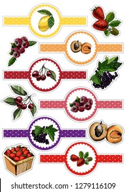 Stickers pack of hand drawn sketch  berries and fruits. Vector illustration of lemon, cherry,  currant, apricot, strawberry, ruspberry and  basket.   
