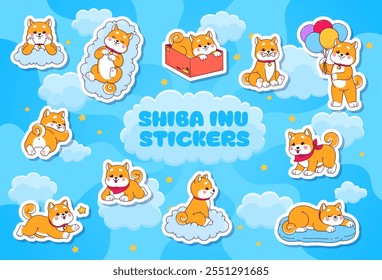 Aufkleber Pack von kawaii shiba inu Hunde und Welpen Zeichen, Vektor japanische Haustiere. Cartoon niedlich shiba inu Hunde schlafen und spielen mit Ballons, Knochenspielzeug und Box-Aufkleber auf Himmelhintergrund